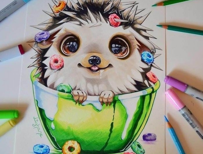 kawaii dessin adorable herisson dessin fille swag apprendre a dessiner comment dessiner un animal mignon dans un bol