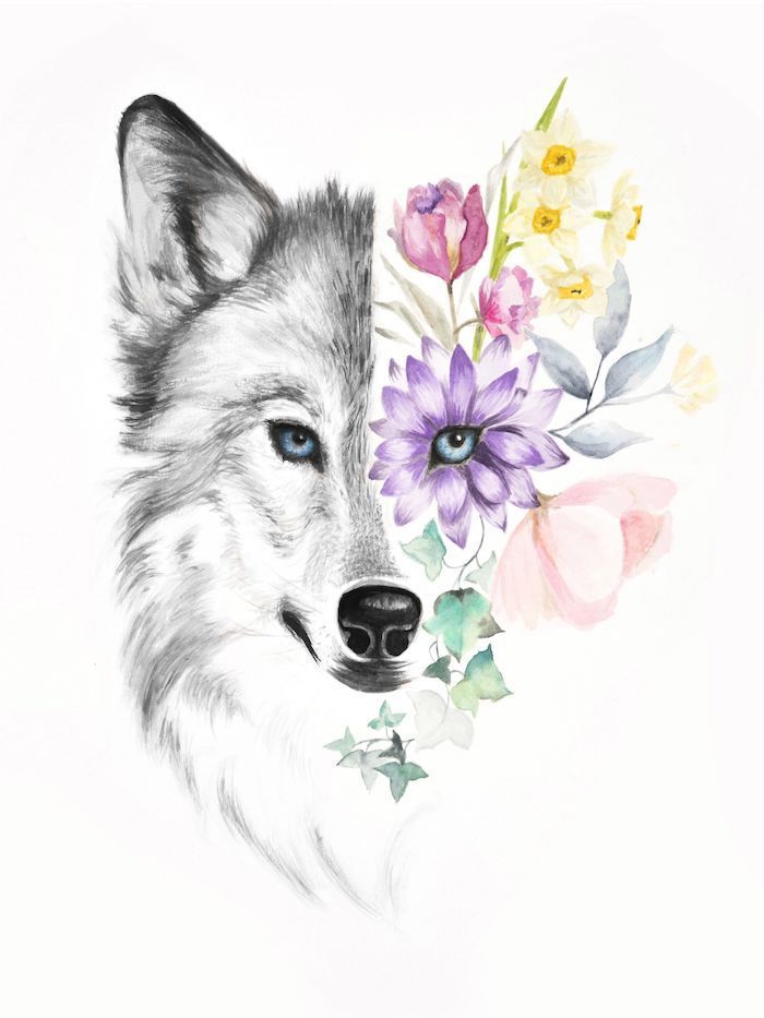 loup et fleurs beau dessin coloré dessin fille swag dessiner un animal tumblr inspiration image a essayer a faire soi meme
