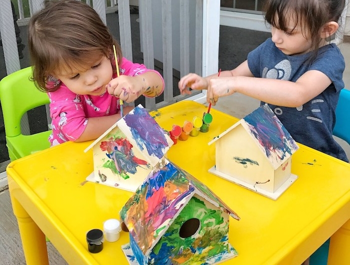 mangeoire oiseau projet activité peinture sur des maisons de bois avec de la peinture acrylique de couleurs variées art abstrait occupation bricolage enfant été
