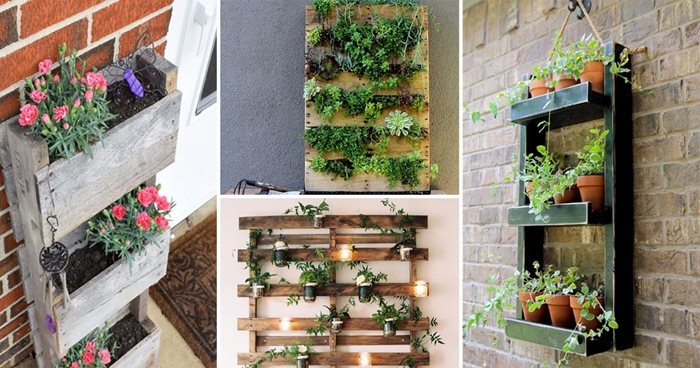 mur végétal diy avec matériaux de récupération rangement mural fait maison planches bois jardinière pour balcon palettes