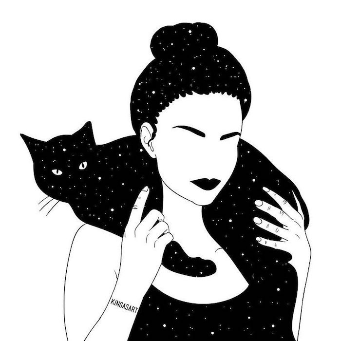 noir et blanc dessin de fille et son chaton noir universe peinture dessin facile fille essayer à recréer un dessin tumblr simple