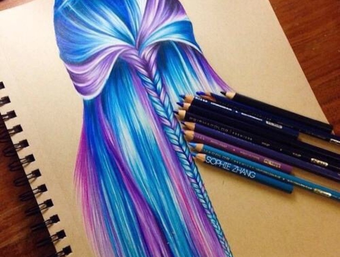 origianle idee comment dessiner une fille inspiration dessin tumblr a copier cheveux longs violet et bleu tresse au milieu