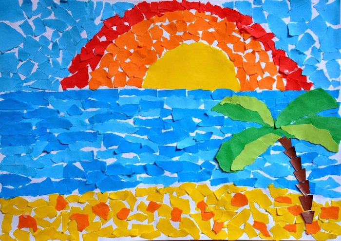 paysage bord de mer en bouts de papier coloré collées idée scrapbooking dessin de paysgae activité manuelle été facile pour enfant