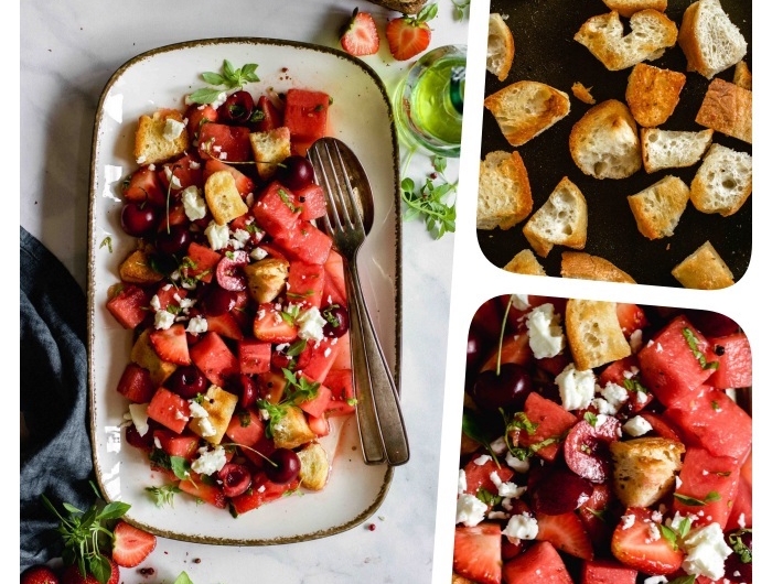 recette entrée froide salade de pasteque avec cerises fraises et miettes de feta avec dressing frais et ciabatta cubes de pain