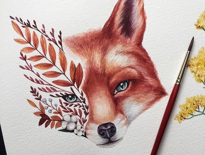 renard avec une demi du visage en fleurs dessin tumblr comment faire un beau dessin pour débutant coloré dessin peinture