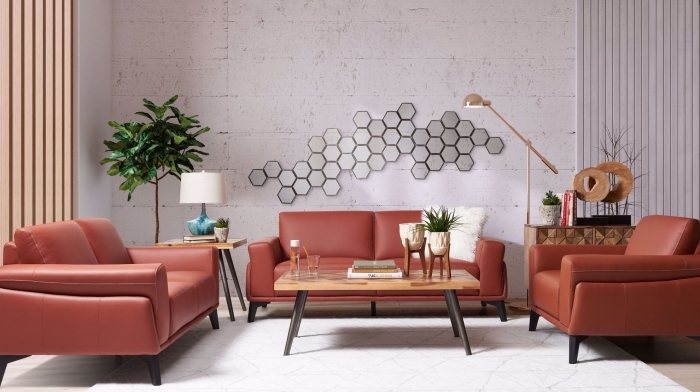 revêtement mural art meubles cuir plante verte d intérieur lampe sur pied blanche canapé terracotta en cuir table bois et métal lampe rose gold