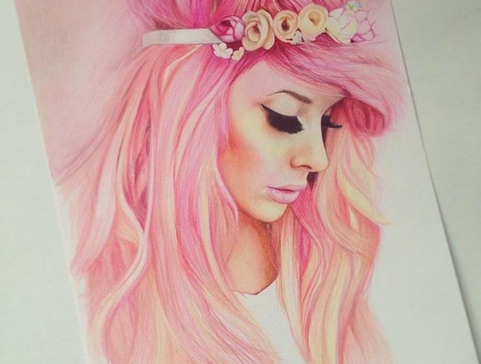 rose cheveux dessin fille noir et blanc swag dessins à faire soi meme couronne de fleurs sur cheveux longs fille