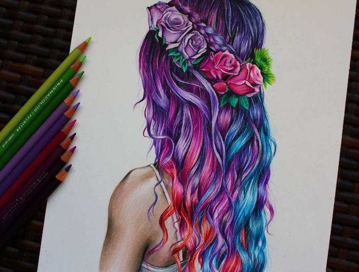 roses en couronne de fleurs cheveux colorés en rose et bleu dessin fille swag apprendre a dessiner comment dessiner une fille