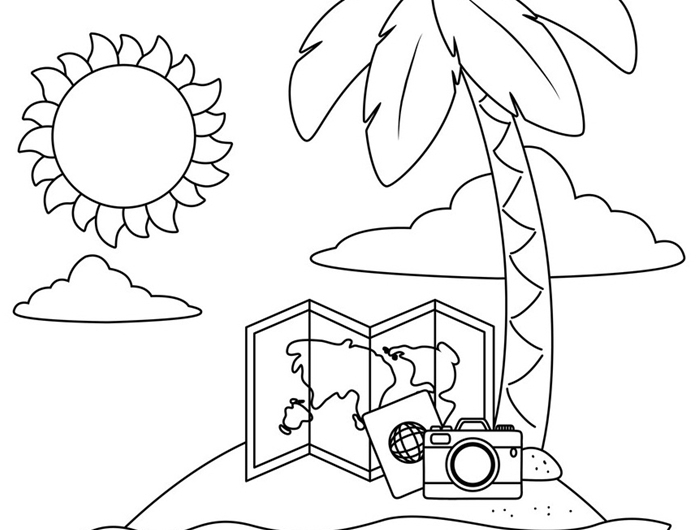 soleil nuage palmier paysage île vacances été carte monde voyage appareil photo dessin à colorier facile pour enfant