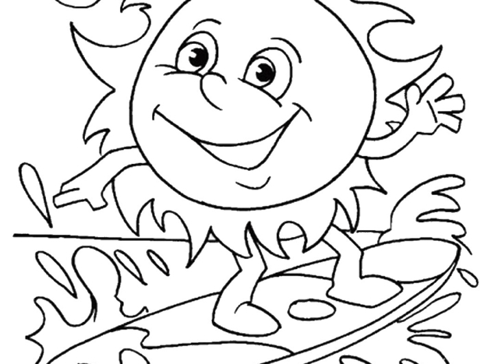 soleil sourire yeux coloriage dessin pour enfant facile nuage soleil surf vagues mer repos sur plage vacances d été dessin à imprimer