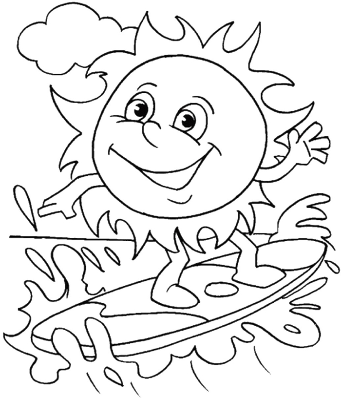 soleil sourire yeux coloriage dessin pour enfant facile nuage soleil surf vagues mer repos sur plage vacances d été dessin à imprimer