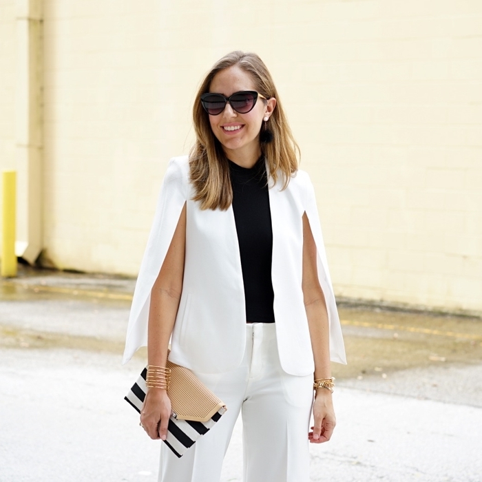 style vestimentaire femme au travail tenue femme élégante blazer blanc sans manches style bcbg polo noir pantalon blanc