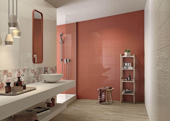 terracotta couleur décoration salle de bain moderne crédence carrelage motifs floraux meuble rangement vertical étagère tabouret bois
