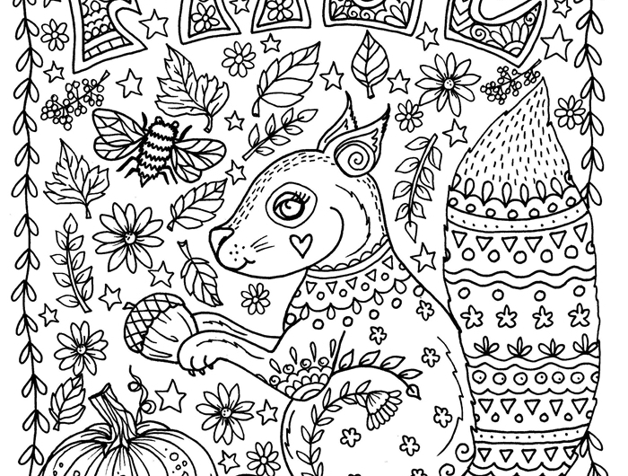 animaux forêt nature automne feuilles glands citrouille écureuil feuille automne dessin blanc et noir art thérapie coloriage