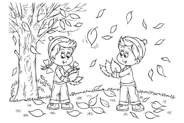 arbre automne dessin coloriage enfant paysage nature feuilles automne arbre fille et garçon ramassent feuilles tombantes vent gazon