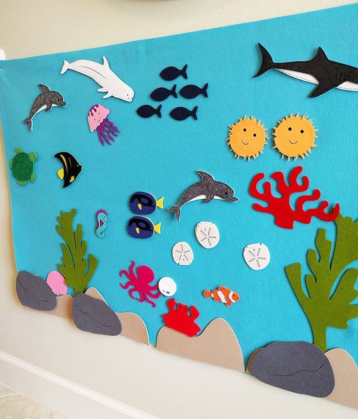 atelier crratif idée projet fonds marns créatures marines sur papier bleu exemple actvite enfant 5 ans