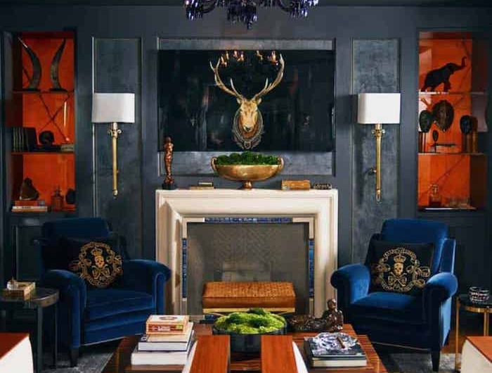 bleu fauteuil et gris murs lustre baroque plafond decoratif comment associer le noir couleur mural