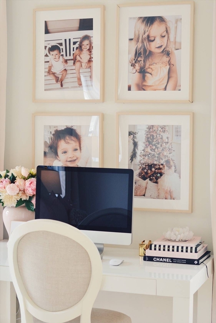 cadre photo original décoration bureau à domicile coin de travail maison bureau blanc chaise blanche livre vase bouquet rose