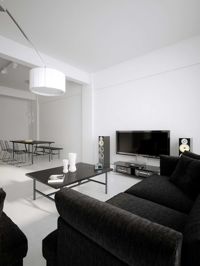 canapé noir table basse noire deco noir et blanc design salon moderne salle à manger ouverte salon vase blanc luminaire