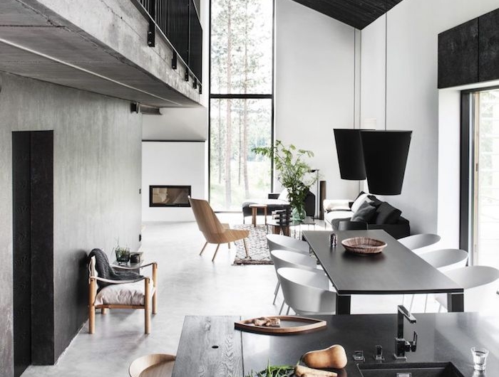 chouette maison industriel style gris mur grand fenetre decoration plafond comment décorer une maison tendance cuisine et salle a manger