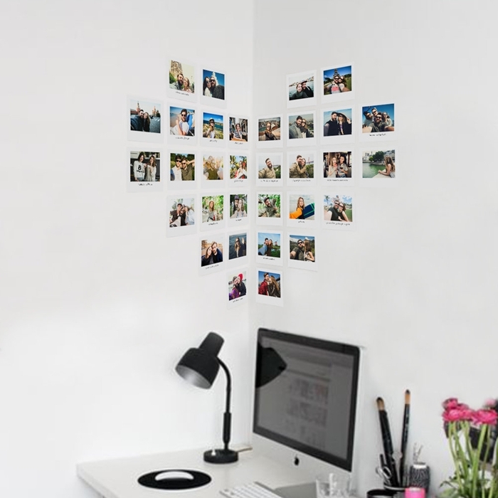 coeur en photo déco murale aménagement coin de travail domicile télétravail bureau blanc lampe bureau noire mur blanc