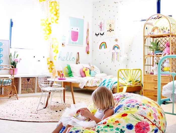 coloré chambre magnifique rotin meubles tapis ronde peinture salle de jeux meuble de rangement jouet décoration jolie