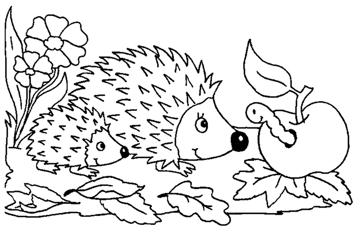 coloriage 3 ans simple en détails plan feuilles séchées pomme animaux forêt page à colorier pour enfant hérisson famille