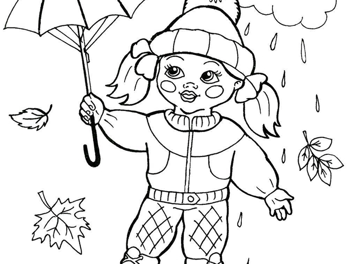 coloriage de fille nature automne saison pluie nuage parapluie feuilles qui tombent bottes petite fille bonnet pompon