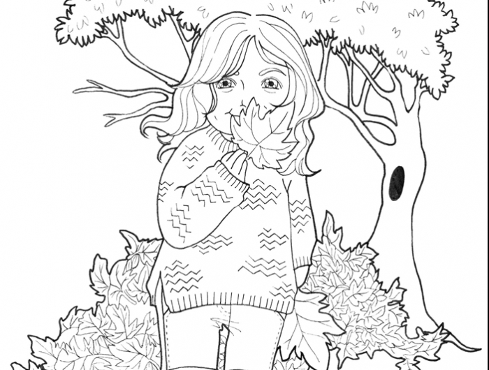 coloriage de fille promenade nature paysage forêt automne arbre tas de feuilles séchées petite fille pullover cheveux ondulés