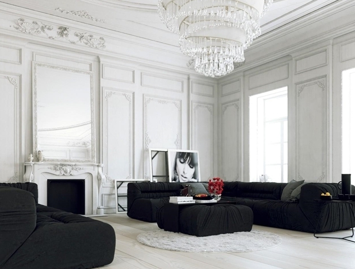 deco bois et blanc style minimaliste design intérieur canapé noir table noire tapis rond fausse fourrure blanche cheminée décorative