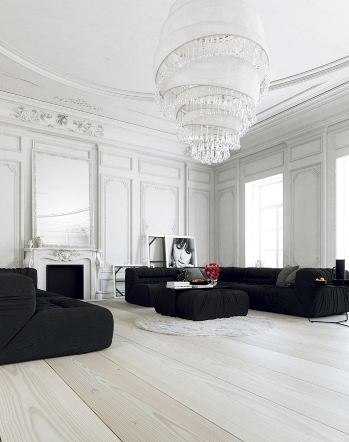 deco bois et blanc style minimaliste design intérieur canapé noir table noire tapis rond fausse fourrure blanche cheminée décorative