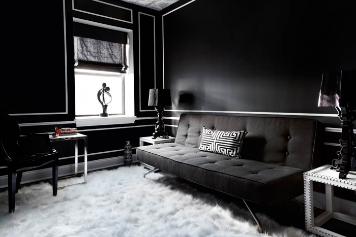 deco noir et blanc design intérieur peinture murale foncée salon noir peinture tapis moelleux blanc canapé boutonné gris anthracite