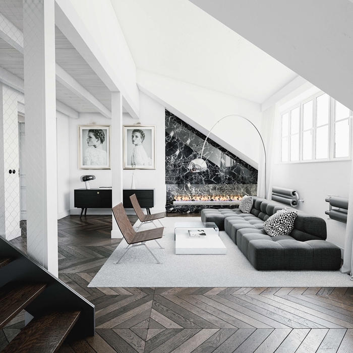 deco salon noir et bois sous pente cheminée marbre noir et blanc lampe sur pied argent chaise design bois foncé tapis blanc