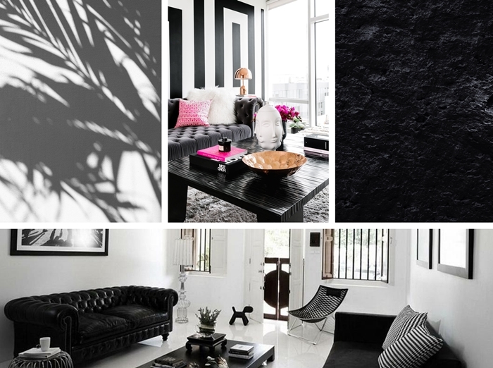 decoration interieure comment amenager un salon noir et blanc de style moderne accessoires rose motifs rayures blanc noir