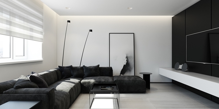 decoration mur interieur salon minimaliste tableau photographie blanc et noir lampe sur pied noire spots led plafond