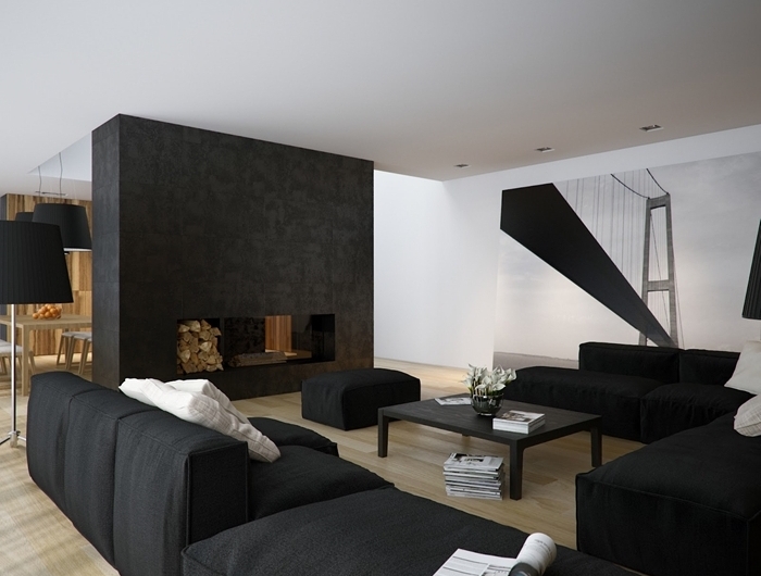 design intérieur moderne style contemporain salon bois et blanc meubles noirs canapé table basse noire cheminée moderne