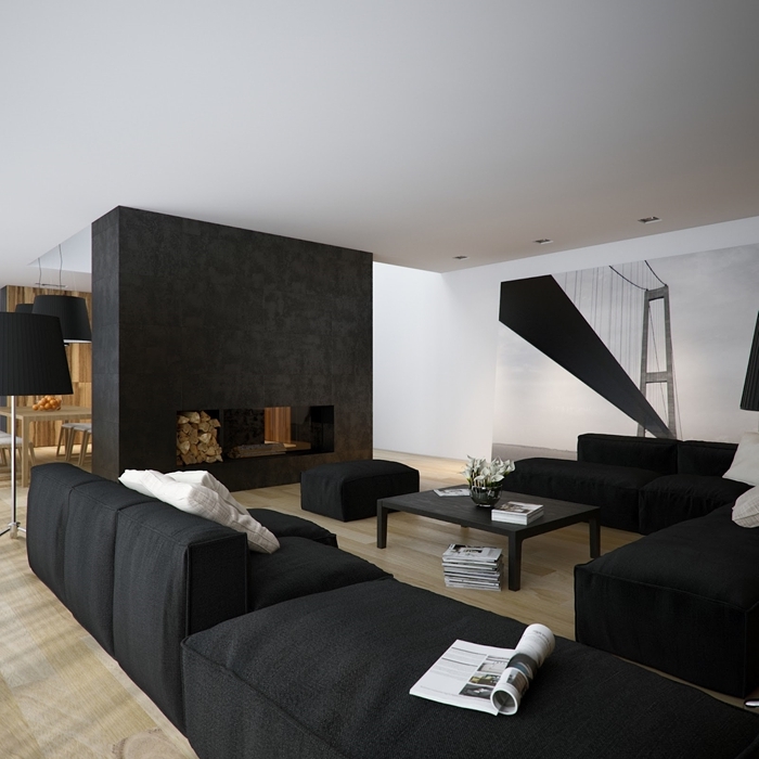 design intérieur moderne style contemporain salon bois et blanc meubles noirs canapé table basse noire cheminée moderne