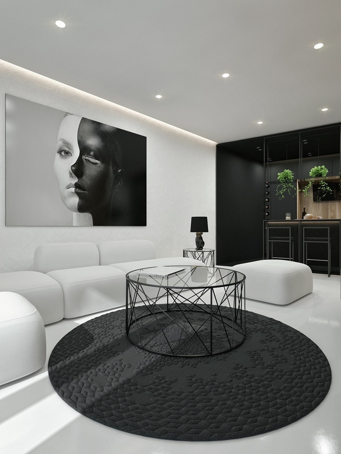 design intérieur style contemporain éclairage moderne spots led peinture noir et blanc déco salon ouvert vers cuisine