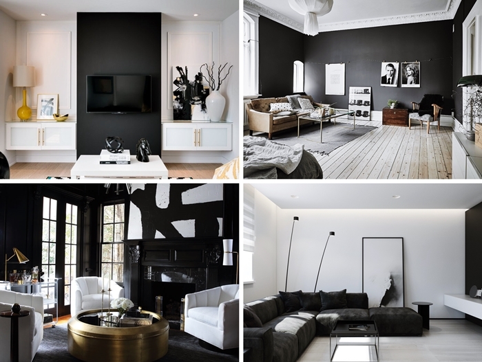 design salon blanc et noir peinture pan de mur cheminee noire mur foncee peinture moderne salon blanc meubles