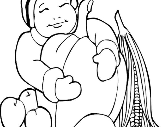 dessin automne simple à colorier pour enfant coloriage petit garçon avec grosse citrouille géante pommes blé automne