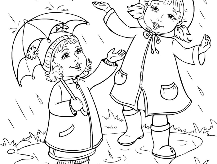 dessin d automne jeux d enfant sous pluie nuages ciel parapluie petites filles promenade pluie bonnet robe herbe nature