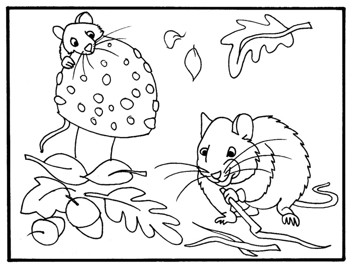 dessin de feuille d automne amitié animaux feuilles séchées glands souris champignons coloriage facile pour enfants