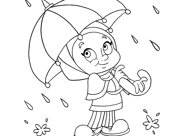 dessin simple à imprimer et colorer idée de coloriage de fille facile automne saison nature pluie parapluie fille bottes