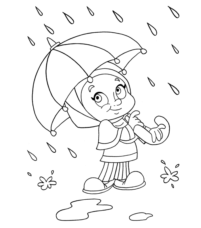 dessin simple à imprimer et colorer idée de coloriage de fille facile automne saison nature pluie parapluie fille bottes
