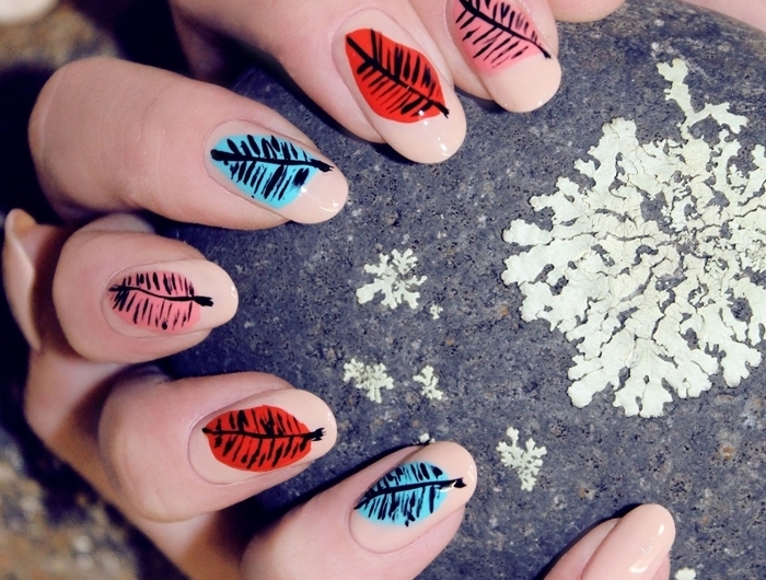décoration nail art tendance modèle d ongle en gel vernis de base nude dessin facile sur ongle motif feuille automne