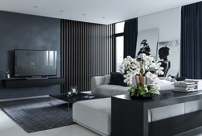 idee deco salon tapis moelleux gris motifs héxagonaux canapé d angle blanc table basse salon noire peinture gris anthracite