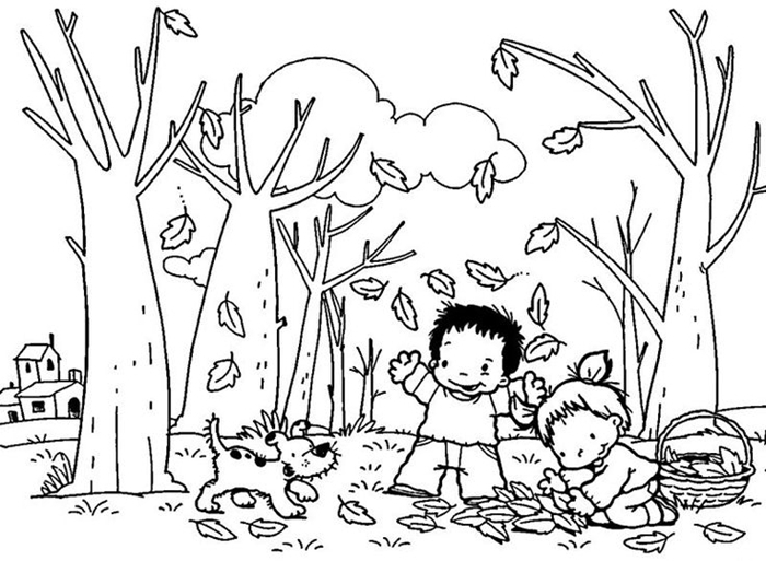 jeux d enfants qui ramassent des fleurs d automne séchées petit chien coloriage paysage saison arbres feuilles garçon fille amitié