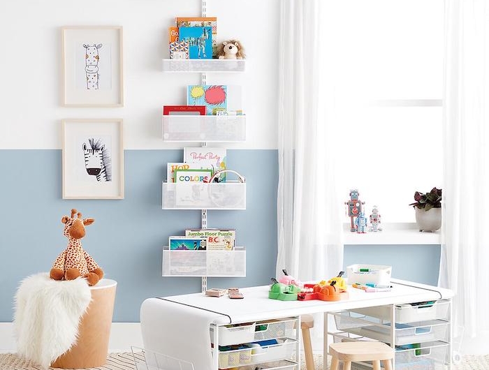 meuble de rangement jouet salle de jeux enfant belle déco bleu et blanc pour petit enfant coin art