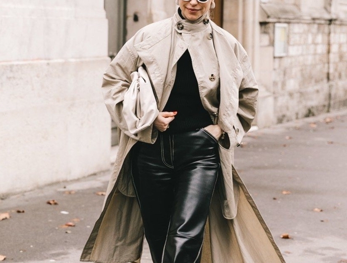 mode femme 2020 vêtements couleur neutre pantalon cuir noir fluide baskets blanches manteau long beige pull noir lunettes soleil monture blanche