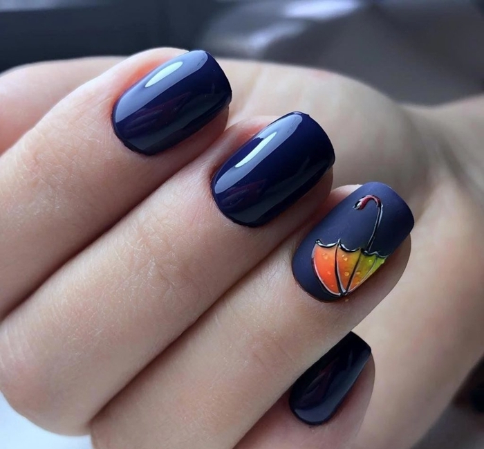 modele ongle automne vernis à ongles bleu foncé tendance couleur manucure 2020 nail art sur un seul ongle motif parapluie